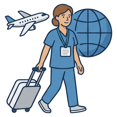 Une professionnelle de santé avec un badge de congrès et une valise, devant un avion et un globe