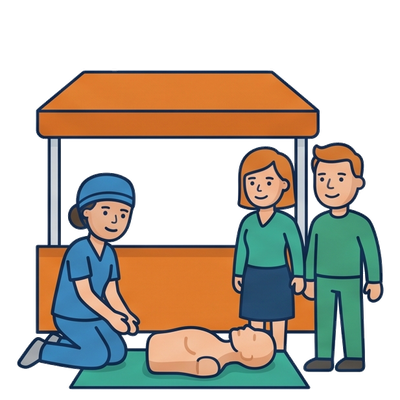 Sous un stand, une soignante montre le massage cardiaque à deux personnes du grand public