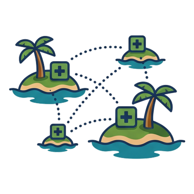 Plusieurs îles portant une croix médicale, reliées entre elles par des pointillés