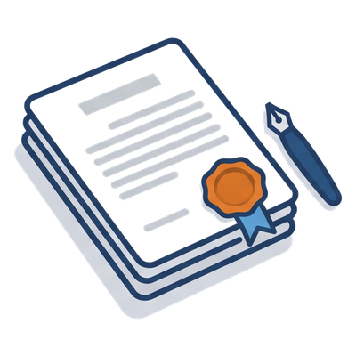 Statuts officiels : document relié portant un sceau de cire et un stylo plume